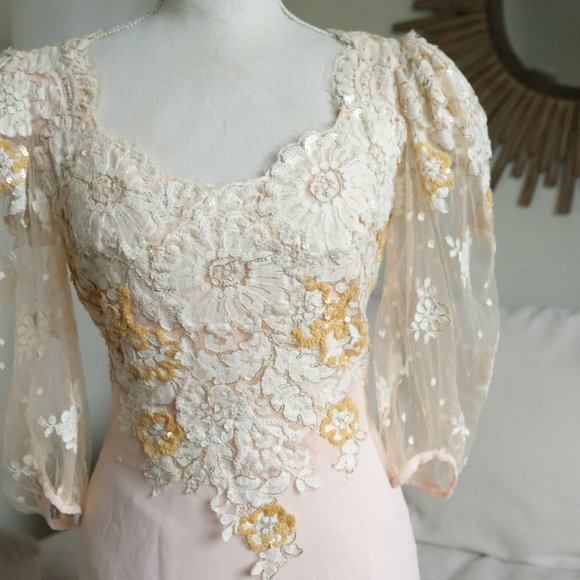 Vtg Judy Hornby Silk and Lace Applique Tiered Maxi Gown - Picture 3 of 12